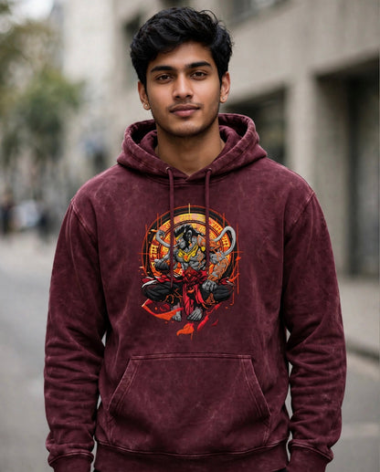 Hanuman Ansh Embroidered Acid Wash Oversized Tshirt & Hoodie - Maroon
