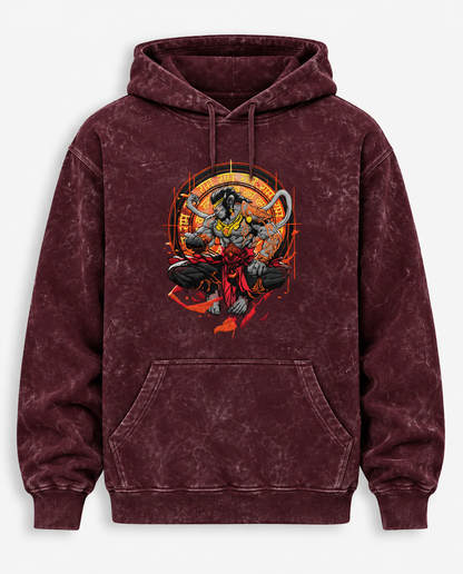 Hanuman Ansh Embroidered Acid Wash Oversized Tshirt & Hoodie - Maroon