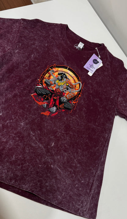 Hanuman Ansh Embroidered Acid Wash Oversized Tshirt & Hoodie - Maroon
