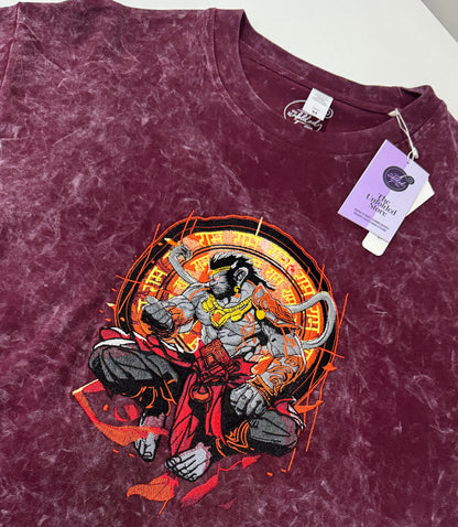 Hanuman Ansh Embroidered Acid Wash Oversized Tshirt & Hoodie - Maroon